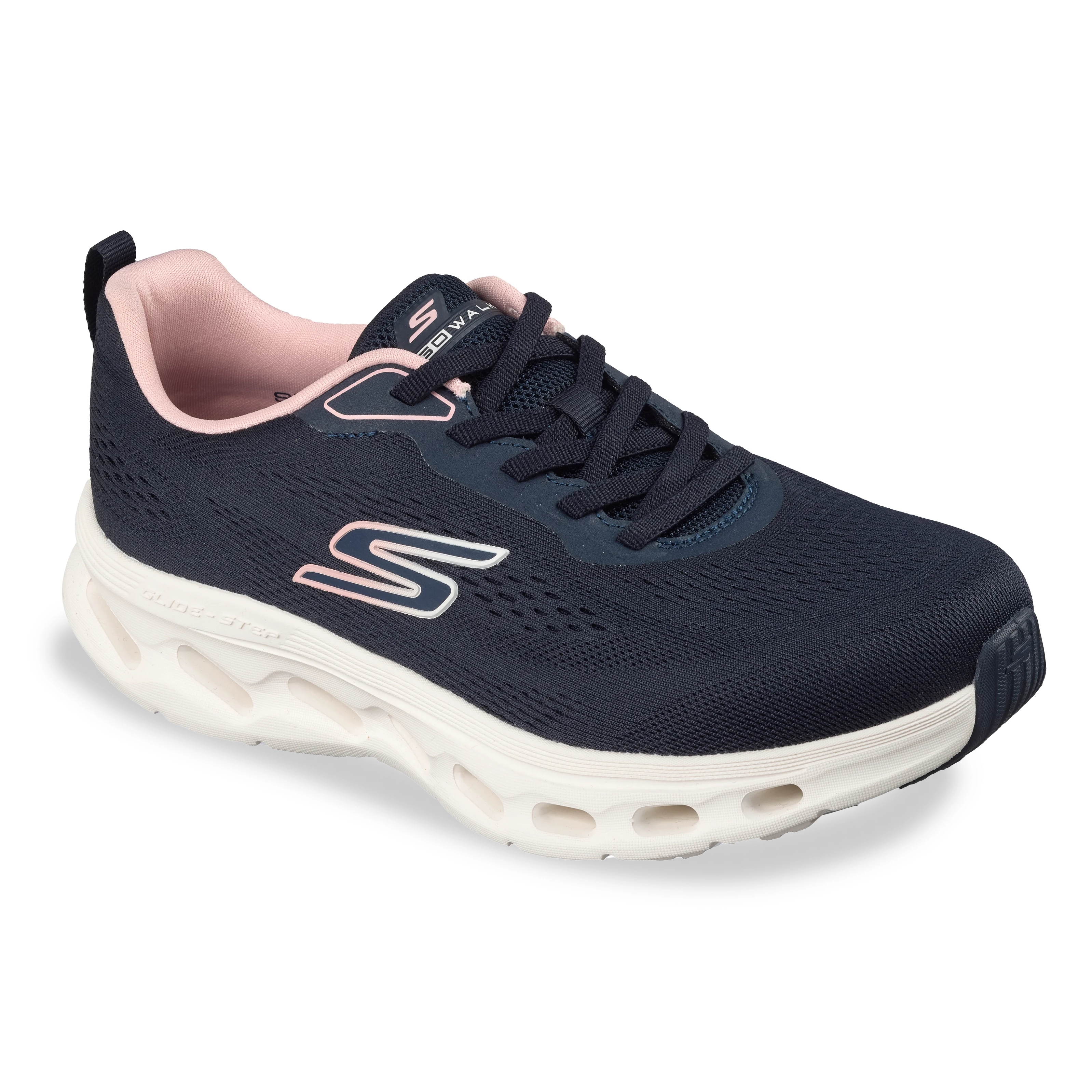 Tênis feminino Skechers azul escuro vista lateral para ajuste